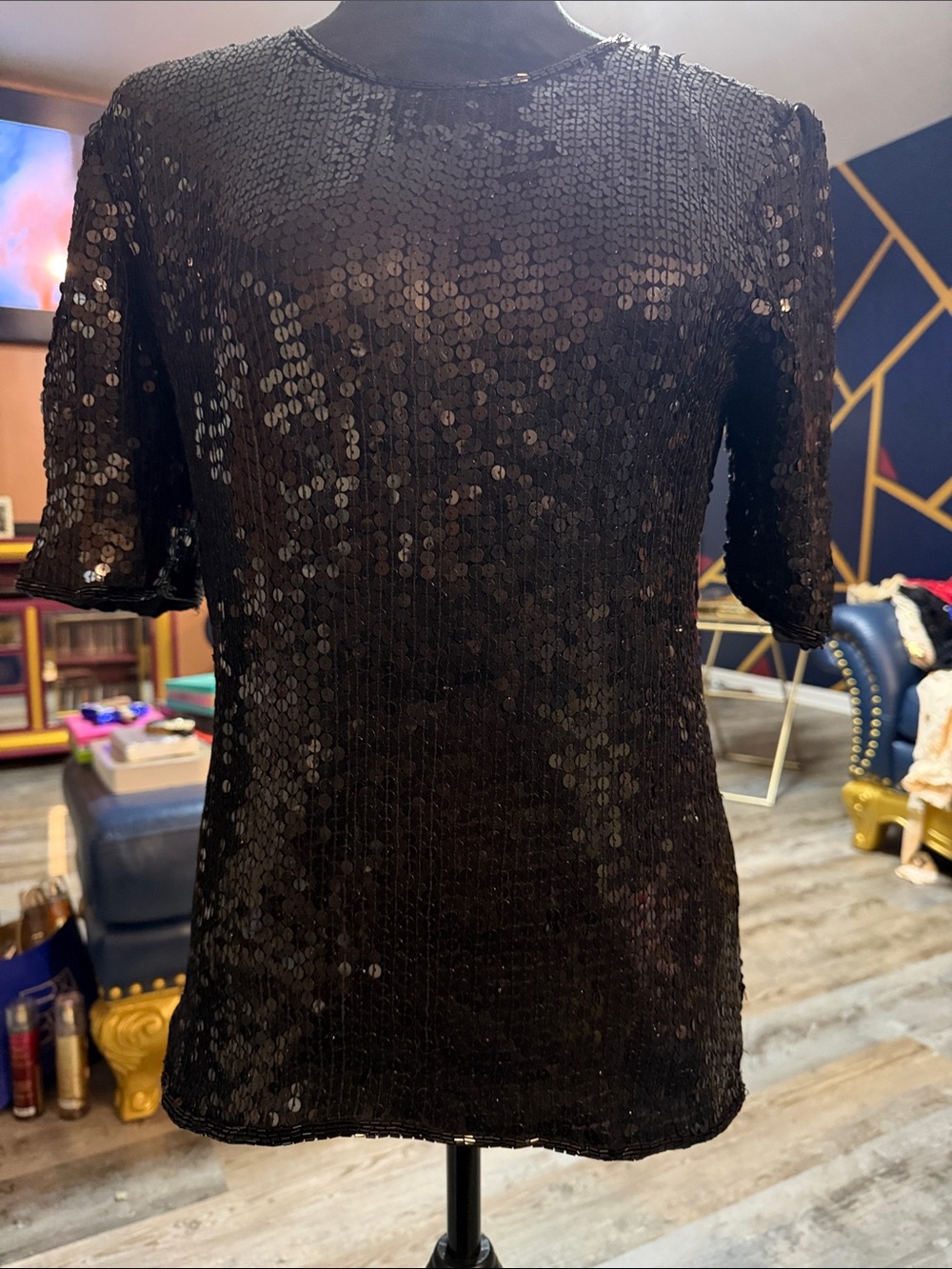 Black Sequin Crewneck Short Sleeve Top. Trimmed with black beading.